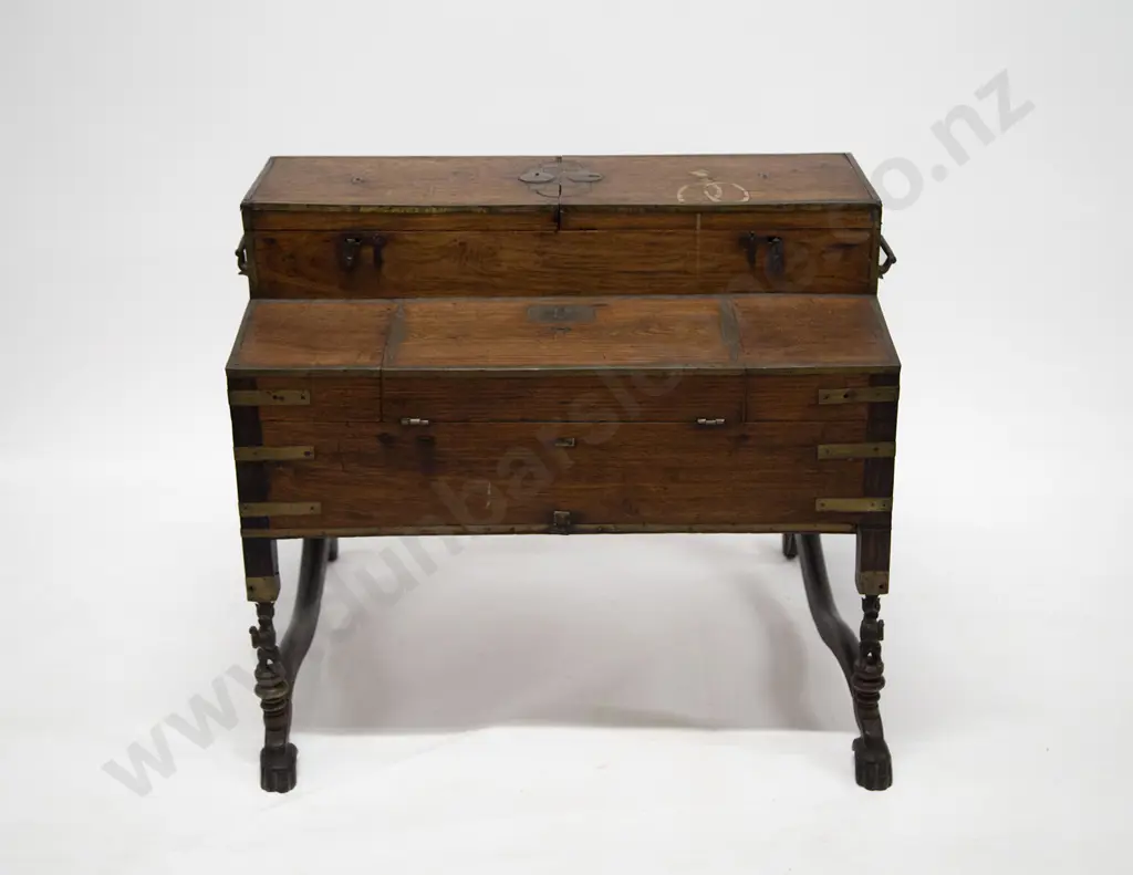 C19th Teak & Brass Bound Campaign Style Travelling Scholars Desk Image 1++