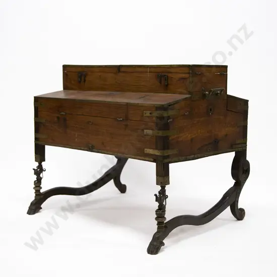 C19th Teak & Brass Bound Campaign Style Travelling Scholars Desk