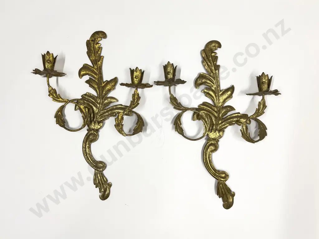 Pair Modern Gilt Metal Two Candle Wall Sconces Image 1++