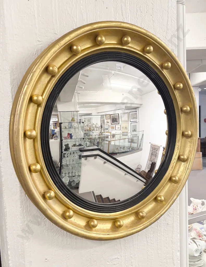 Regency Style Giltwood Convex Circular Wall Mirror Image 1++