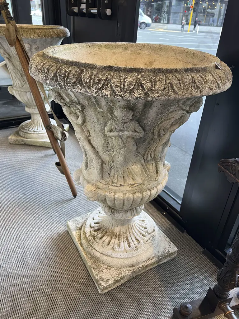 A Pair of Campana Form Composition Garden Urns Image 1++