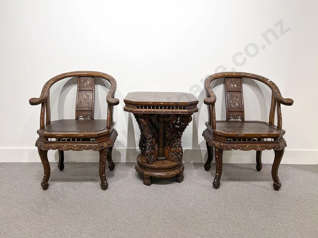 Chinese Rosewood Octagonal Table & Two Armchairs Image 1++