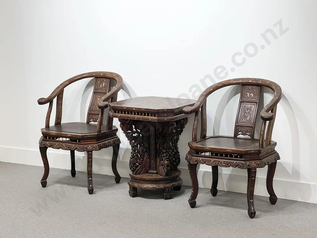 Chinese Rosewood Octagonal Table & Two Armchairs Image 1++