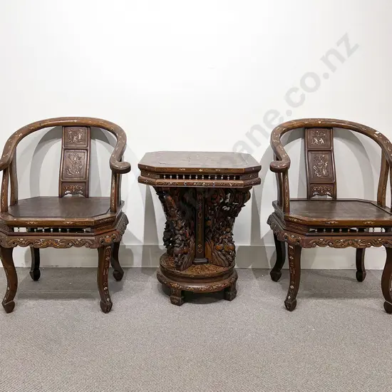Chinese Rosewood Octagonal Table & Two Armchairs