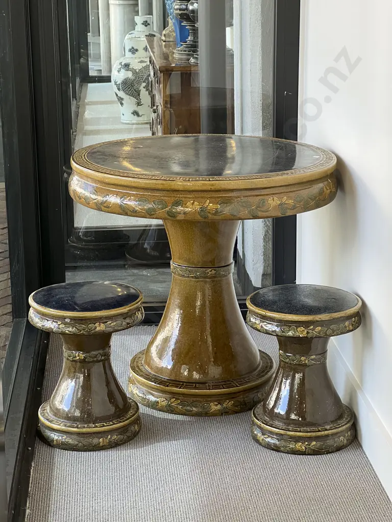 Chinese Glazed Ceramic Circular Conservatory/Patio Table & Two Stools Image 1++