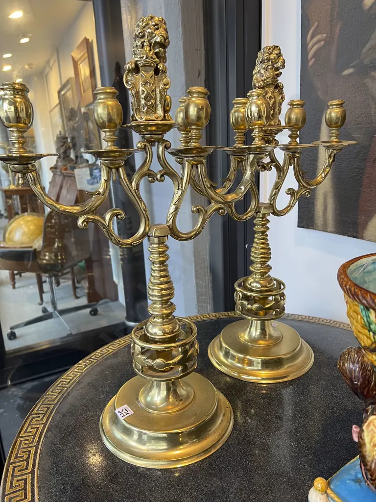 A Pair of Danish Brass Four Division Candlesticks Image 1++