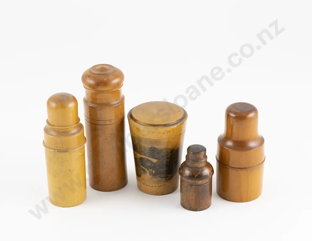 Victorian Mauchline Ware Medicine Glass Case & Four Treen Medicine Containers Image 1++