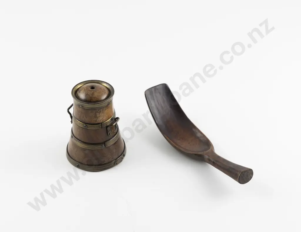Victorian Treen Cheese Scoop & Brass Bound Container Image 1++