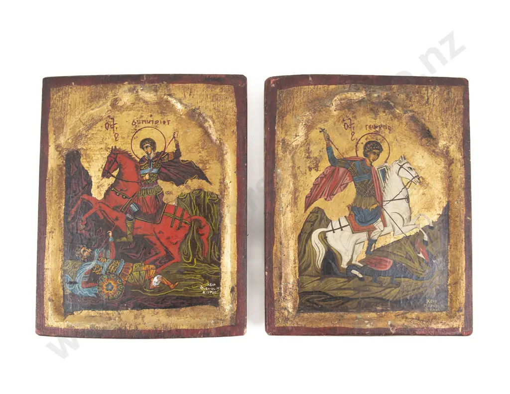 Pair Of Russian Painted Wooden Icons Image 1++