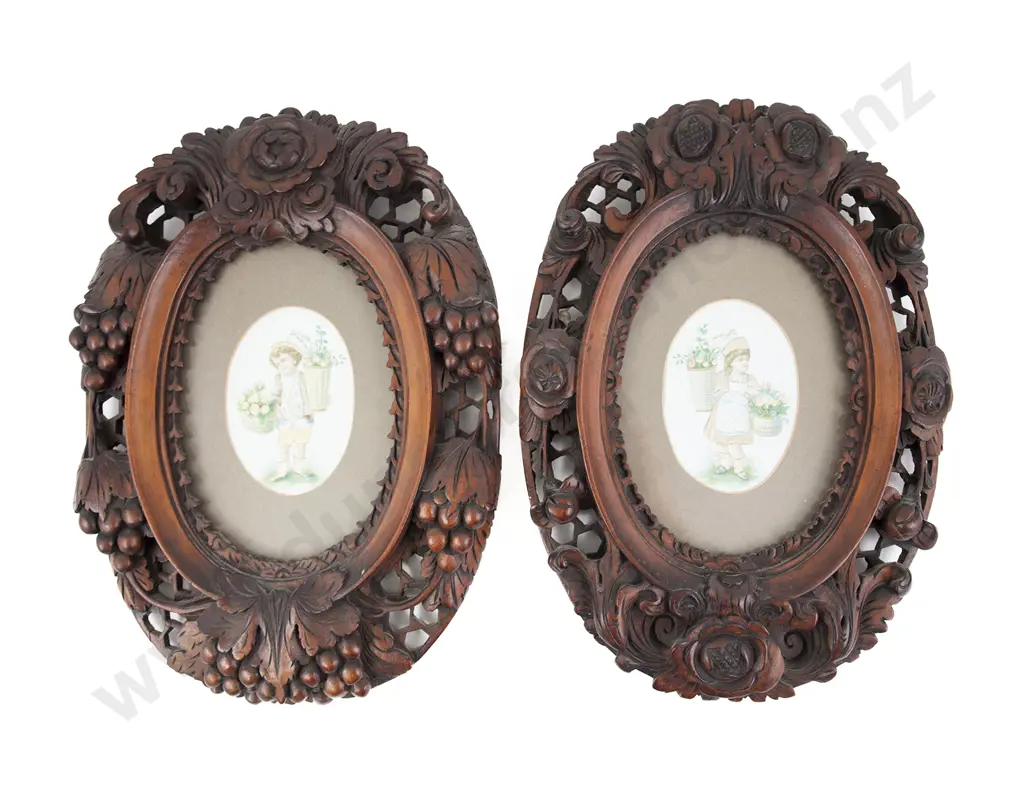 Pair Of Ornate Walnut Framed Oval Silk Wall Panels Image 1++