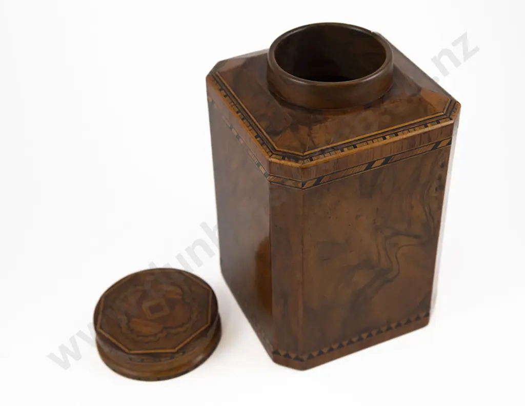 Fine Quality Vict Burr Walnut & Parquetry Octagonal Tea Caddy Image 1++