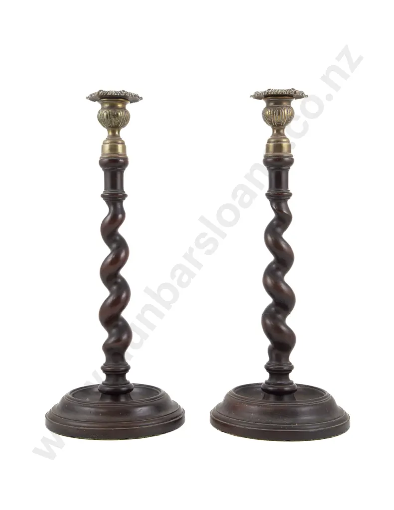 Pair Of Late Vict Walnut Barley Twist Candlesticks Image 1++
