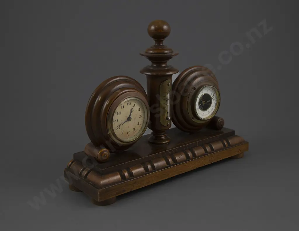 Small Late Vict Walnut Desk Clock, Barometer, Thermometer Image 1++