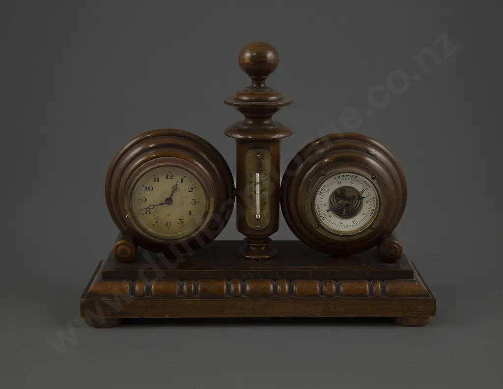Small Late Vict Walnut Desk Clock, Barometer, Thermometer Image 1++