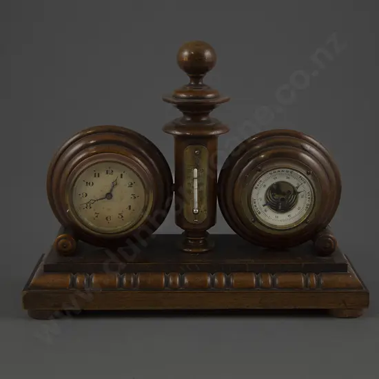 Small Late Vict Walnut Desk Clock, Barometer, Thermometer
