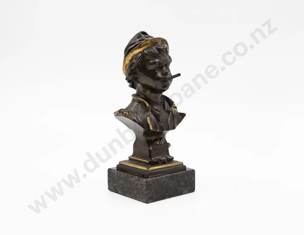 French Bronzed Gilt Metal Bust of Young Boy Smoking Image 1++