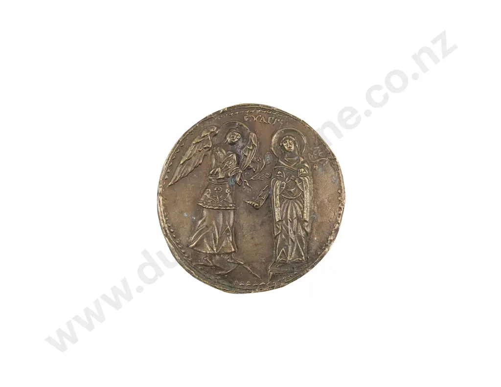Circular Relief Cast Bronze Plaque Of An Angel & Saint Image 1++