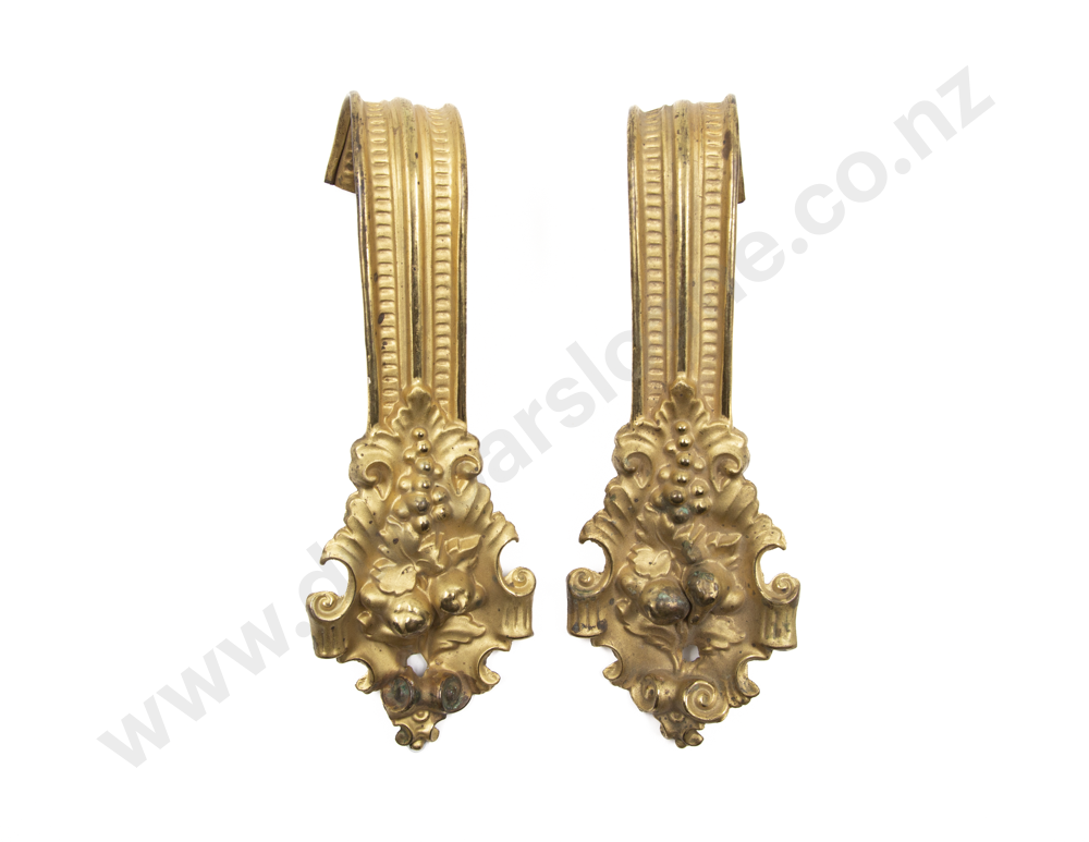 Pair Vict Floral & Scroll Embossed Gilt Metal Curtain Tiebacks Image 1++