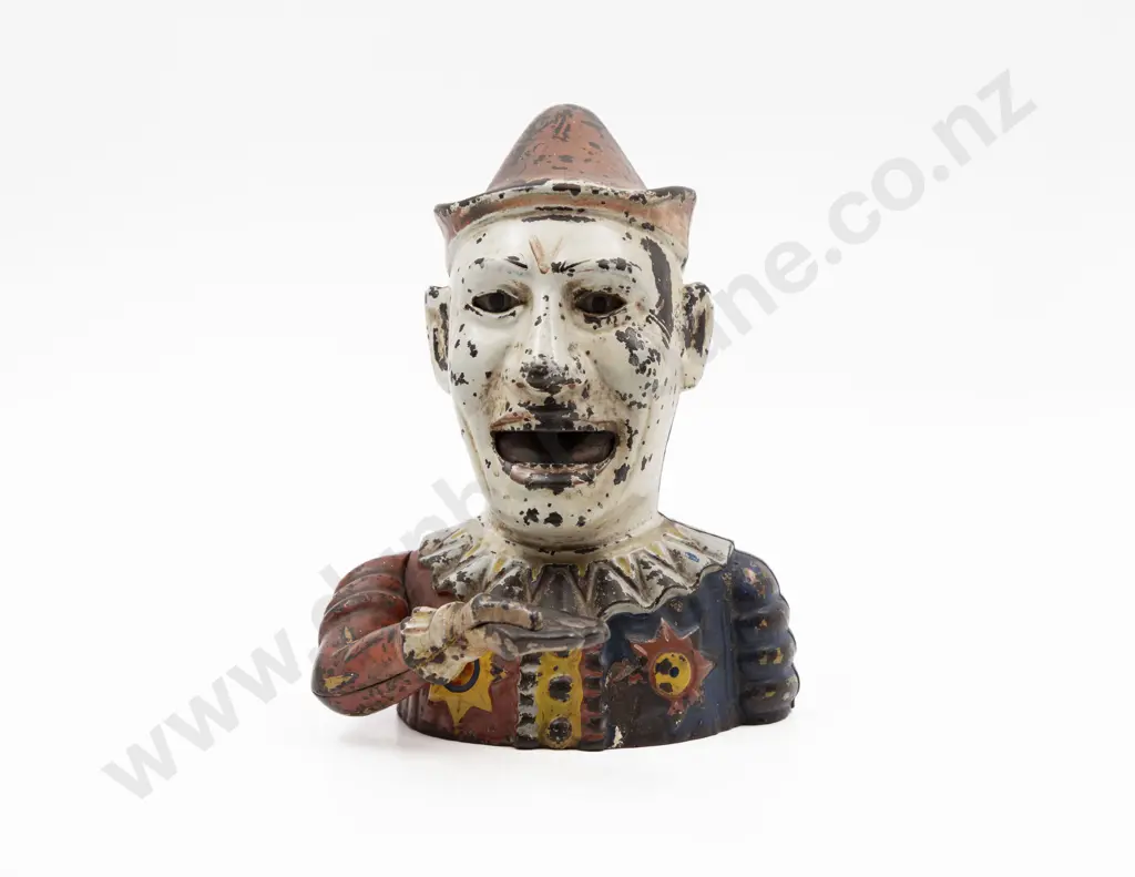 Antique Buffalo NY USA Cast Iron Clown Money Box Image 1++