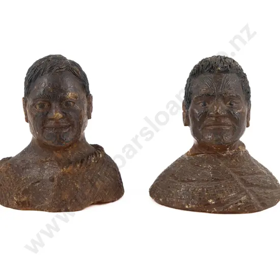 2 Small Carved Kauri Gum Maori Busts