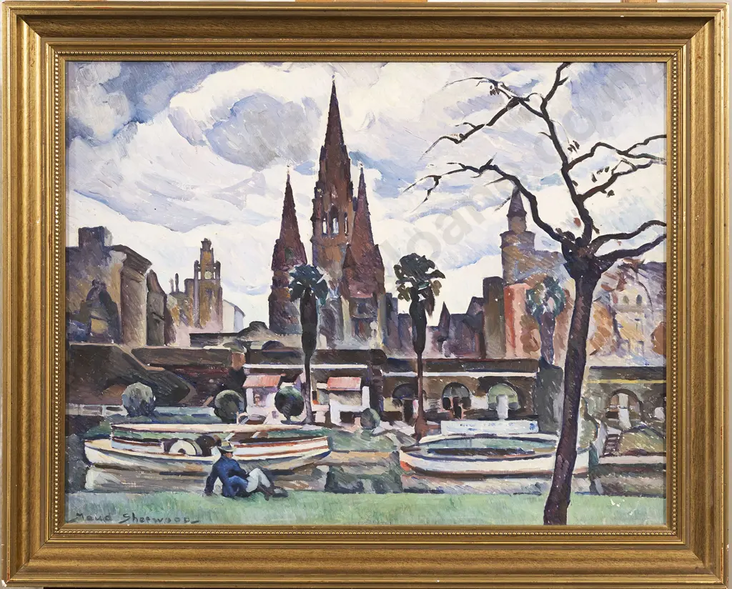 Maud Sherwood (1880-1956) - Riverside Scene with Cityscape Image 1++
