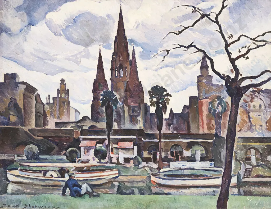 Maud Sherwood (1880-1956) - Riverside Scene with Cityscape Image 1++