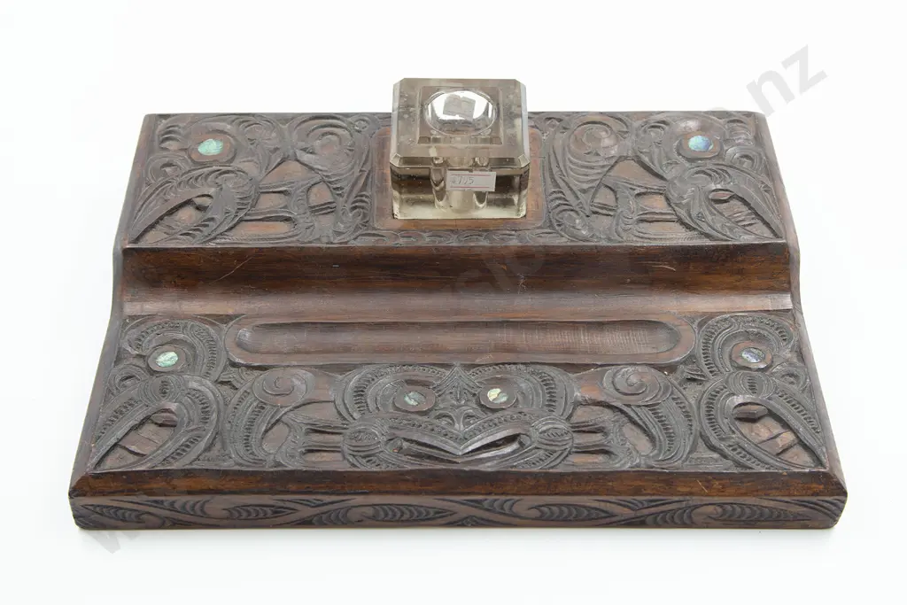 A Carved Maori Desk Stand With Glass Ink Well Image 1++