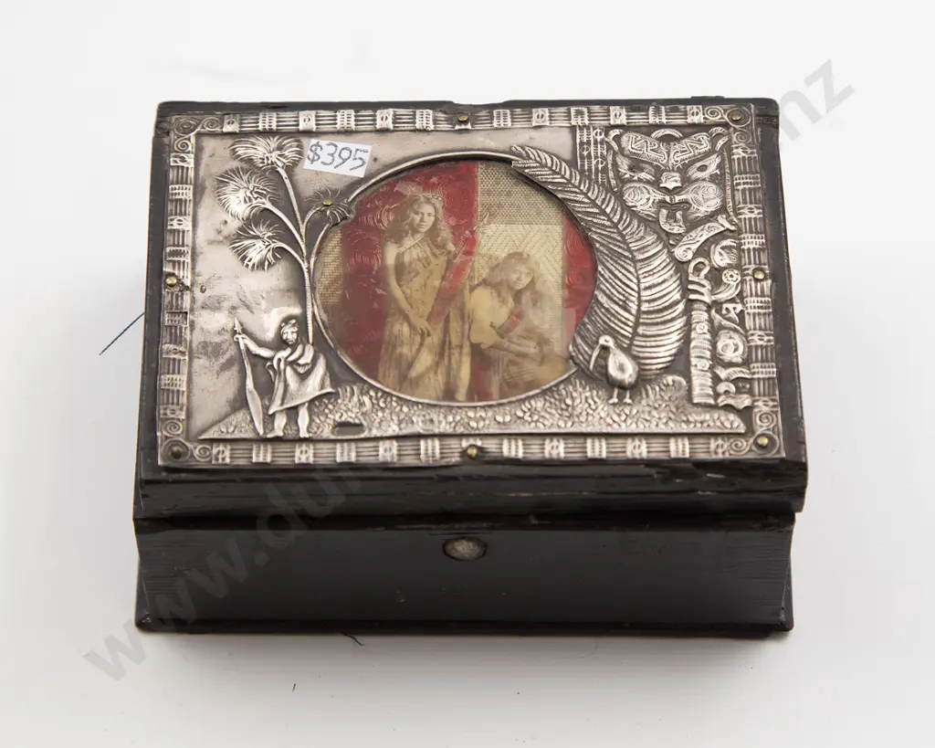A Wooden Maori Box With Embossed Sterling Siver Lid Image 1++