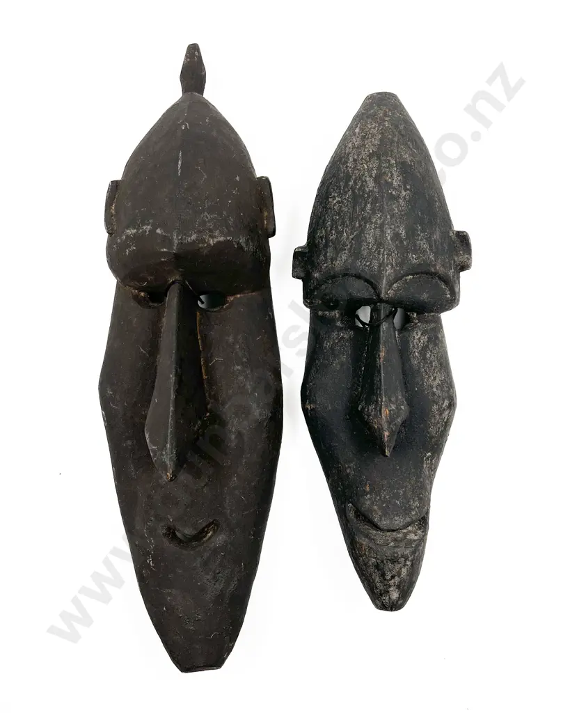 Two Blackened Wood Papua New Guinea Masks Image 1++
