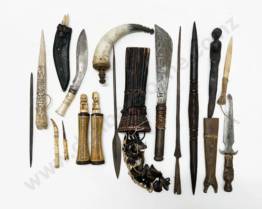 An Assortment Of Tribal Bladed Items And Medicine Containers (15 Pieces) Image 1++