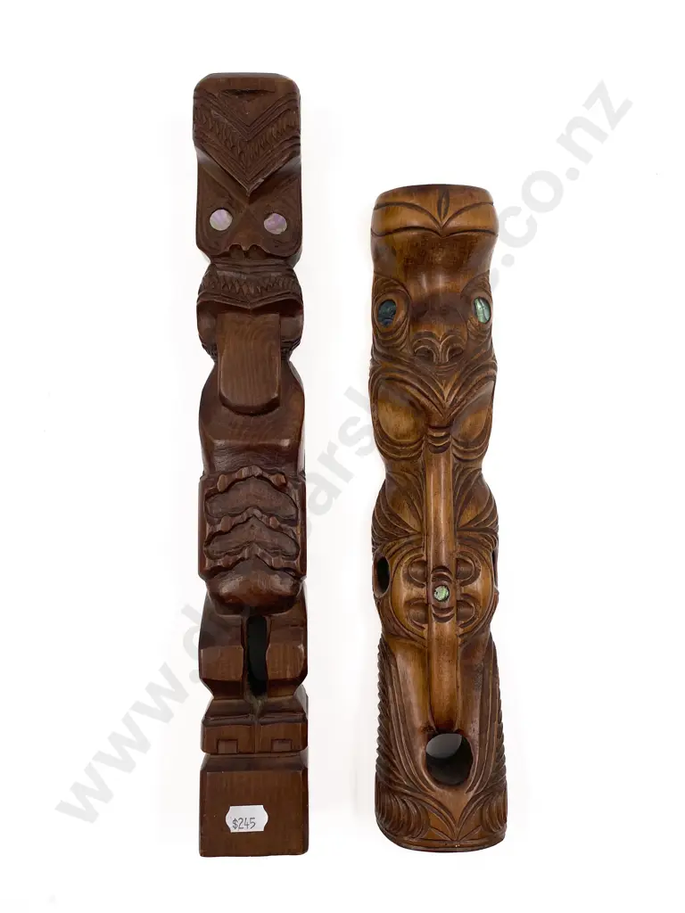 Two Carved Pou Whakairo Image 1++