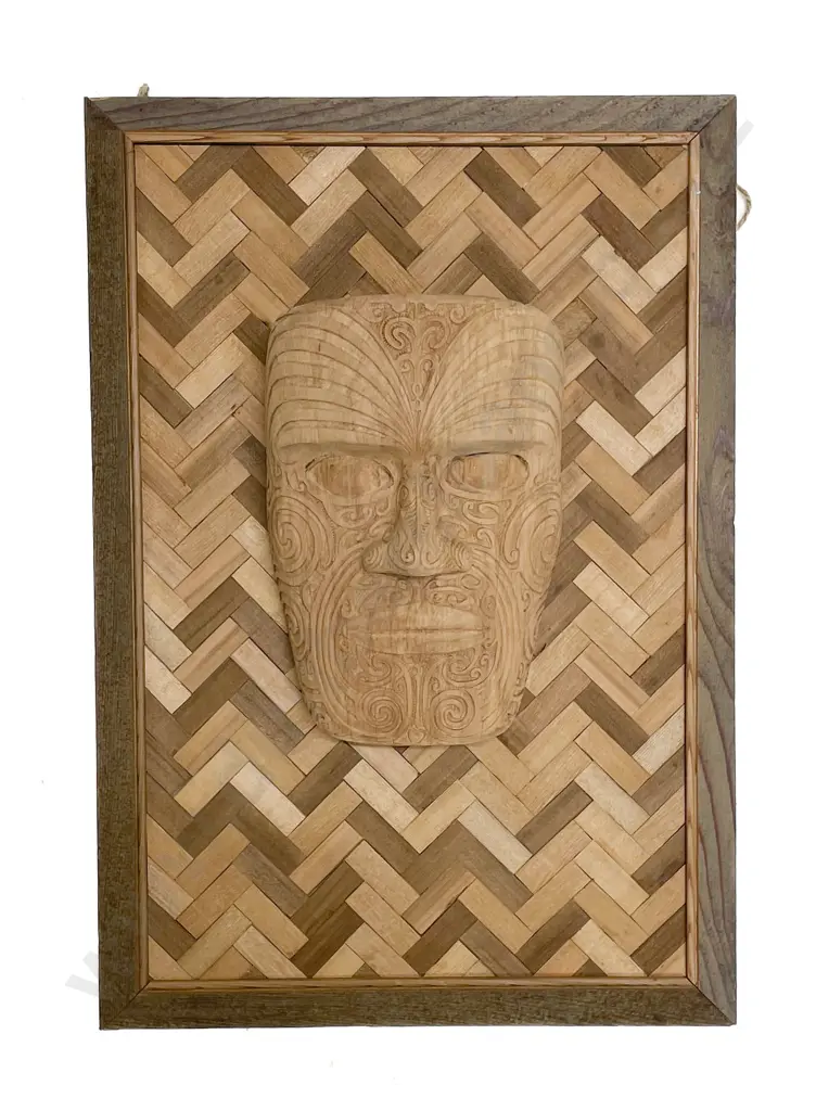 Maori Carved Mask Mounted On Parquetry Board Image 1++