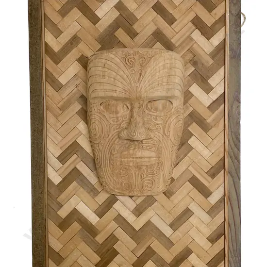 Maori Carved Mask Mounted On Parquetry Board