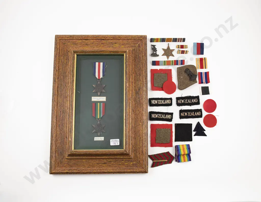WWII The Pacific Star Medal with various ribbons and cloth patches and two replica medals Image 1++