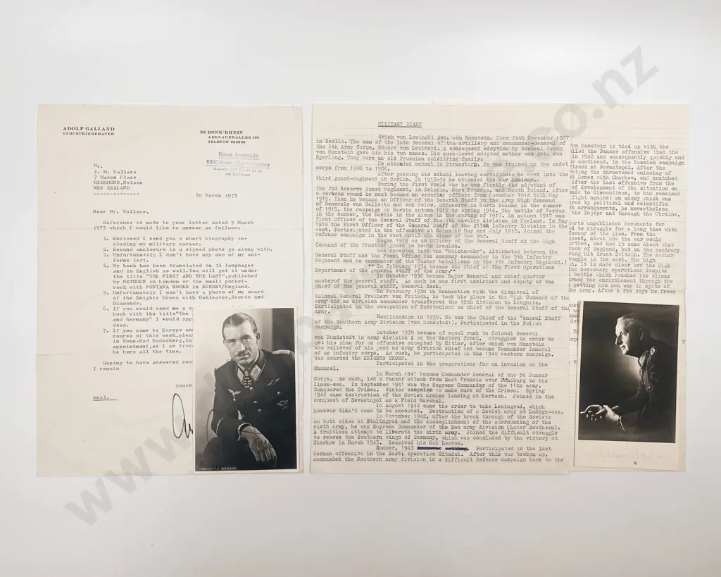 Autographed Photograph of Adolf Galland and Letter with Signed photograph of Field Marshal Erich von Manstein Image 1++