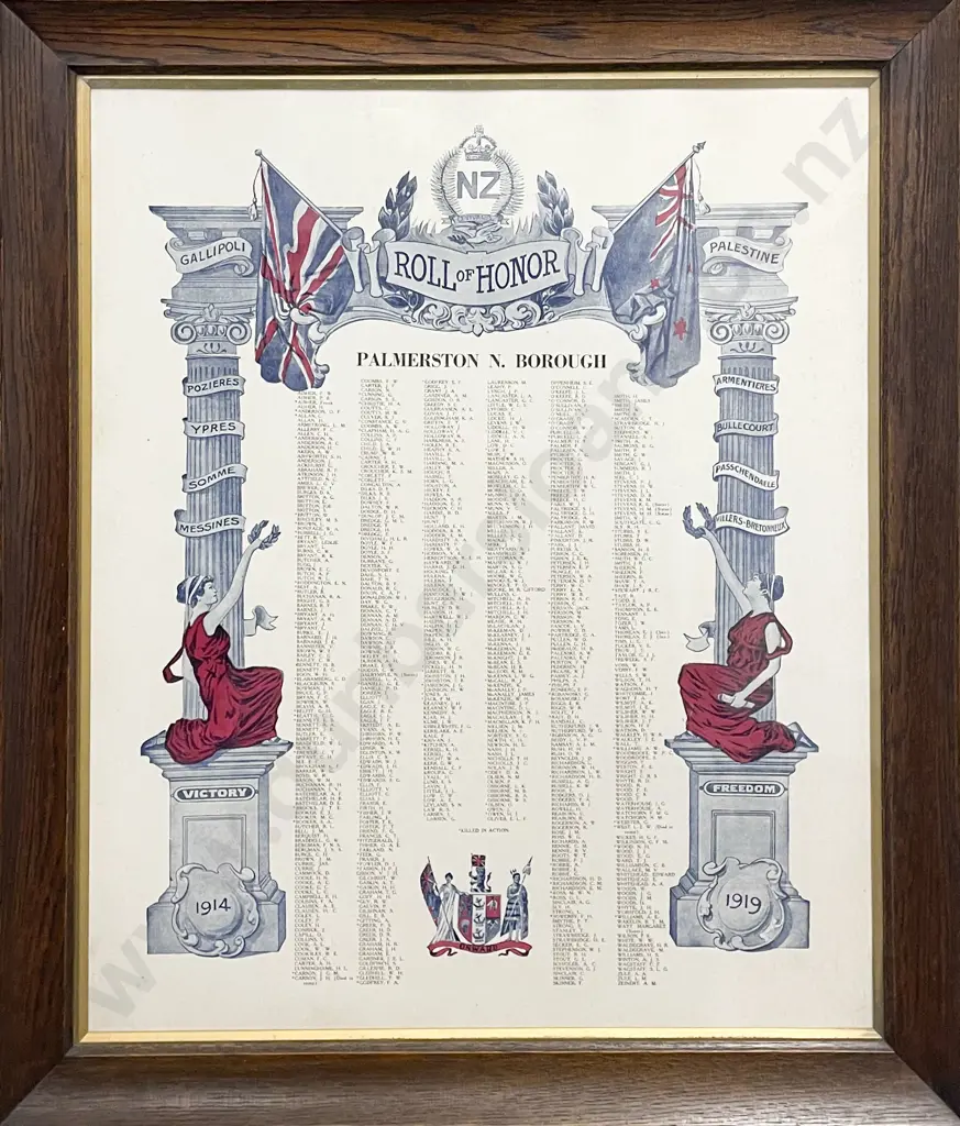 Oak Framed Roll of Honor Palmerston N. Borough 1914-1919 Image 1++