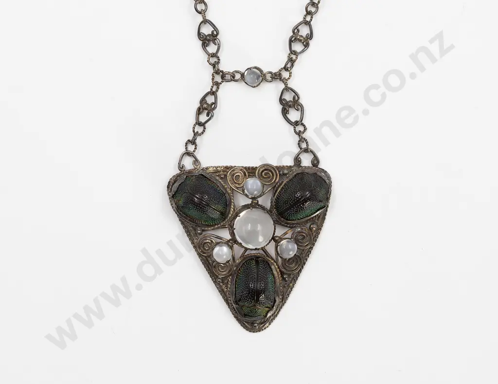 Arts & Crafts S/S Scarab and Moonstone Necklace Image 1++