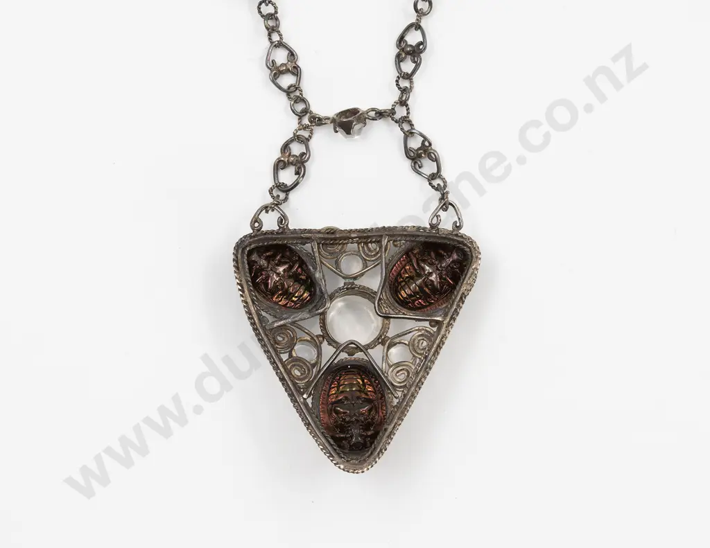 Arts & Crafts S/S Scarab and Moonstone Necklace Image 1++