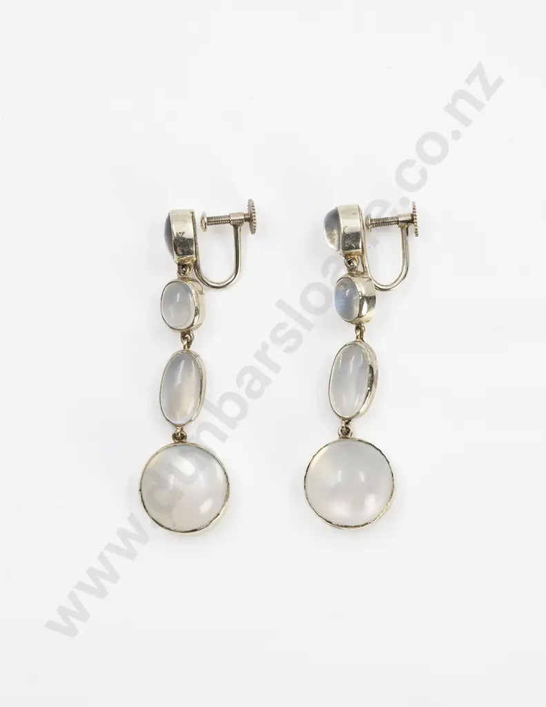 Pair Vintage 9ct White Gold and Moonstone Pendant Drop Earrings Image 1++