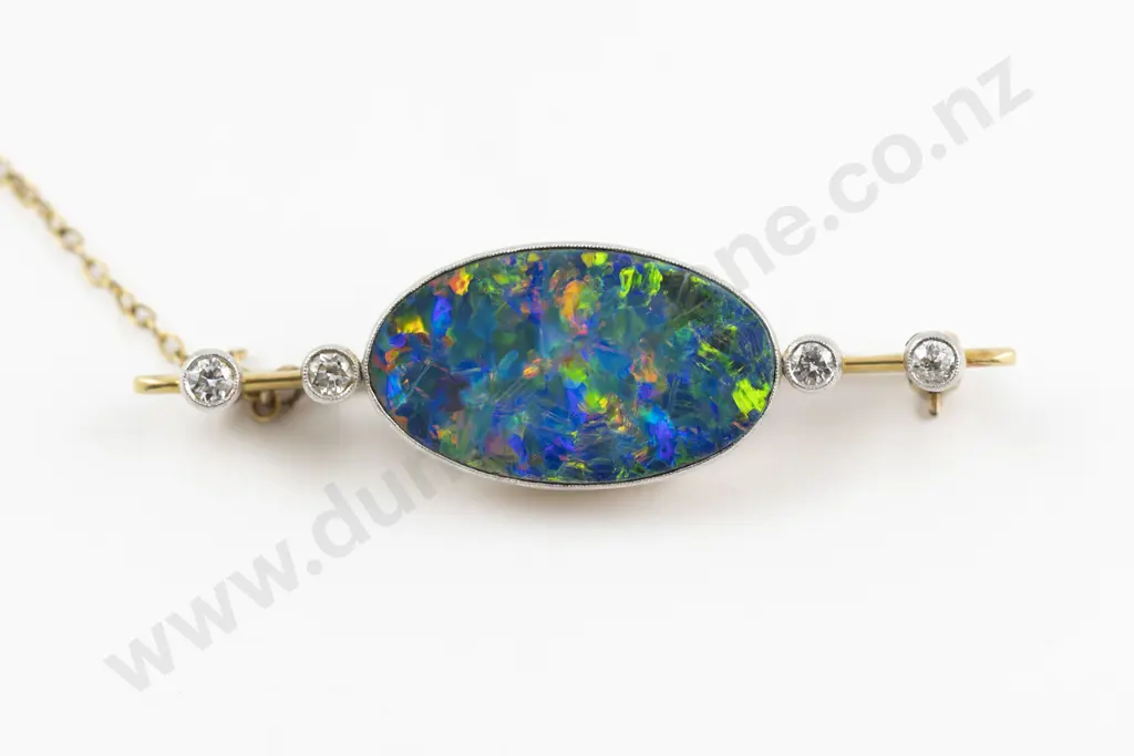 Australian 15ct & Platinum Black Opal and Diamond Brooch Image 1++