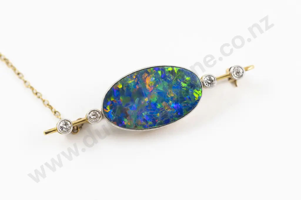 Australian 15ct & Platinum Black Opal and Diamond Brooch Image 1++