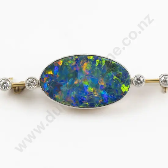 Australian 15ct & Platinum Black Opal and Diamond Brooch