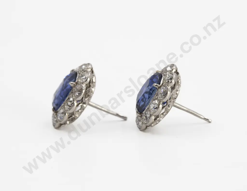 All Platinum  Sapphire and Diamond Cluster Stud Earrings Image 1++