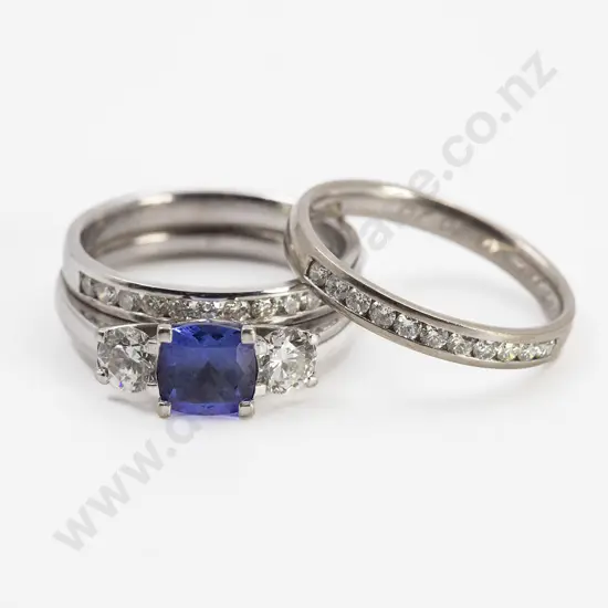18ct White Gold Three Stone Tanzanite and Diamond Bridge Ring
