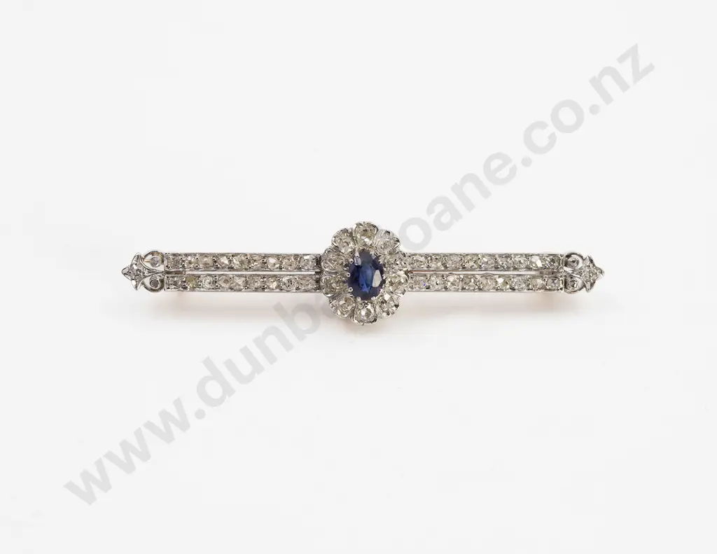 Edwardian 18ct and Platinum Sapphire and Diamond Bar Brooch Image 1++