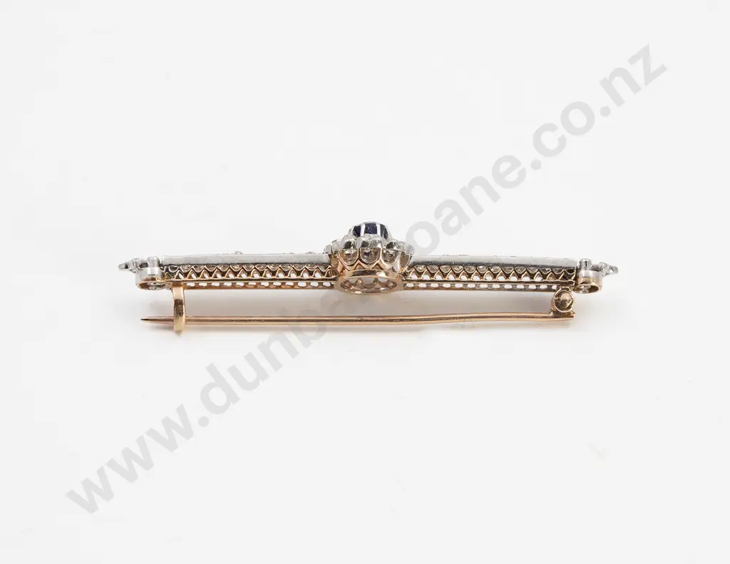 Edwardian 18ct and Platinum Sapphire and Diamond Bar Brooch Image 1++