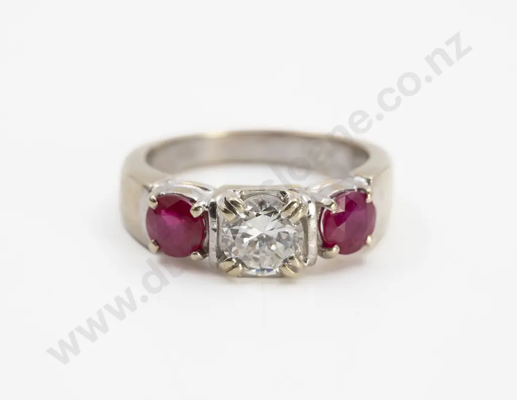 18ct White Gold Three Stone Ruby and Diamond Bridge Ring Image 1++