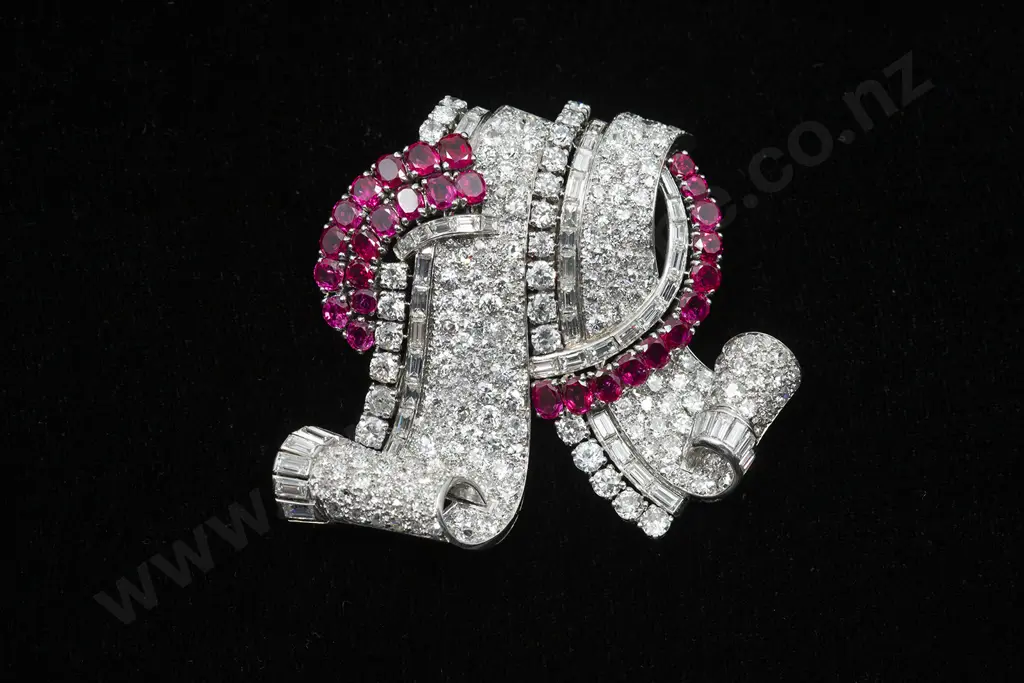 Glamorous Art Deco Period 18ct White Gold Ruby and Diamond Clip/Brooch Image 1++