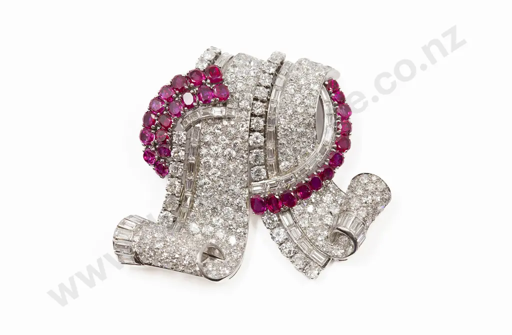 Glamorous Art Deco Period 18ct White Gold Ruby and Diamond Clip/Brooch Image 1++