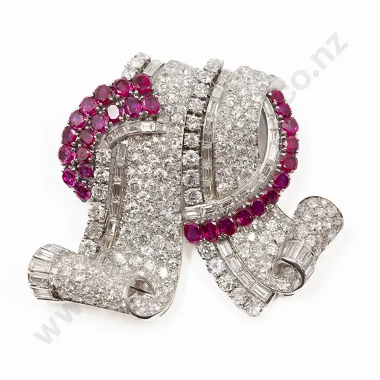 Glamorous Art Deco Period 18ct White Gold Ruby and Diamond Clip/Brooch